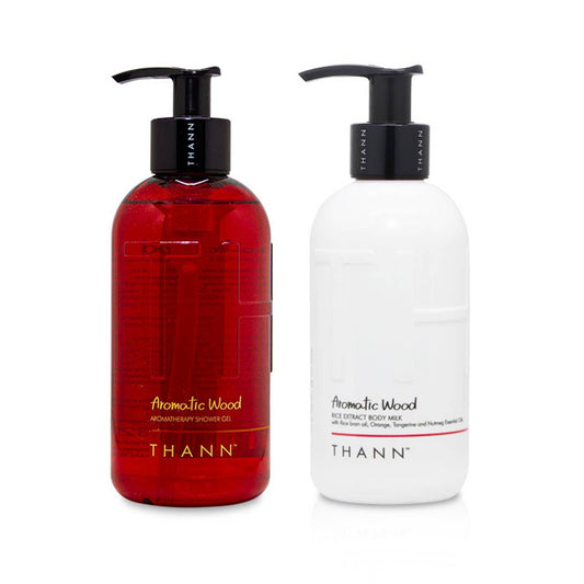 THANN Aromatic Wood Shower Gel and  Body Milk Set.