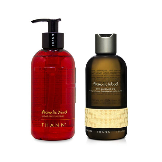 THANN Aromatic Wood Shower Gel and  Massage Oil Set.